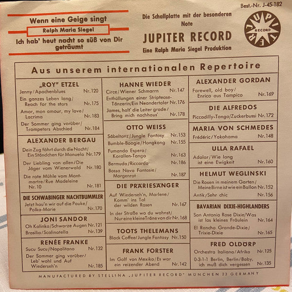 Ralph Maria Siegel, Die Jupiter Serenaders : Wenn Eine Geige Singt / Ich Hab' Heut Nacht So Süss Von Dir Geträumt (7", Single)