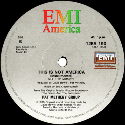 David Bowie / Pat Metheny Group : This Is Not America (Theme From The Original Motion Picture, The Falcon And The Snowman) (12", Single)