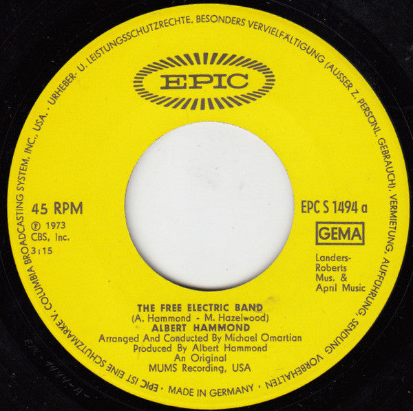 Albert Hammond : The Free Electric Band (7", Single)