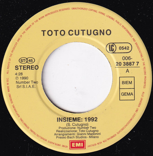 Toto Cutugno : Insieme: 1992 (7", Single)