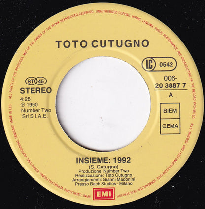 Toto Cutugno : Insieme: 1992 (7", Single)