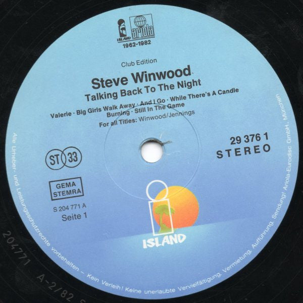 Steve Winwood : Talking Back To The Night (LP, Album, Club)