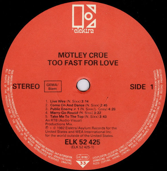 Mötley Crüe : Too Fast For Love (LP, Album, RE)