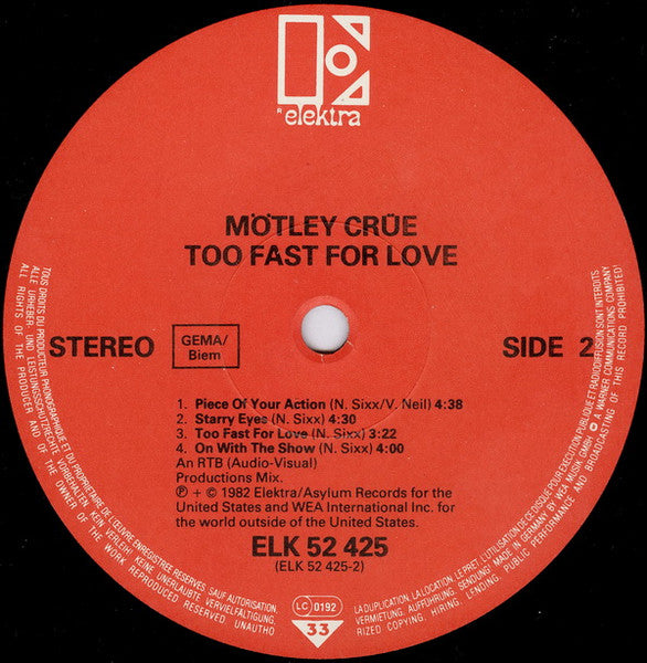 Mötley Crüe : Too Fast For Love (LP, Album, RE)