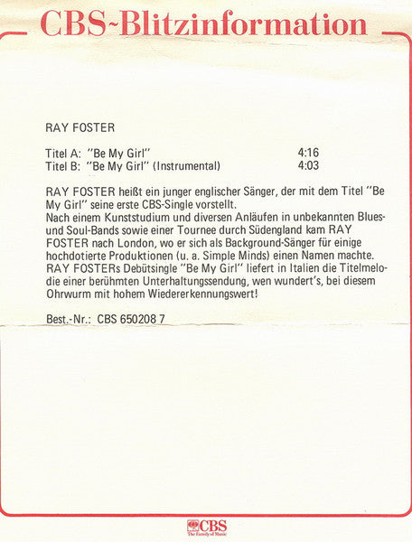 Ray Foster : Be My Girl (7", Single)