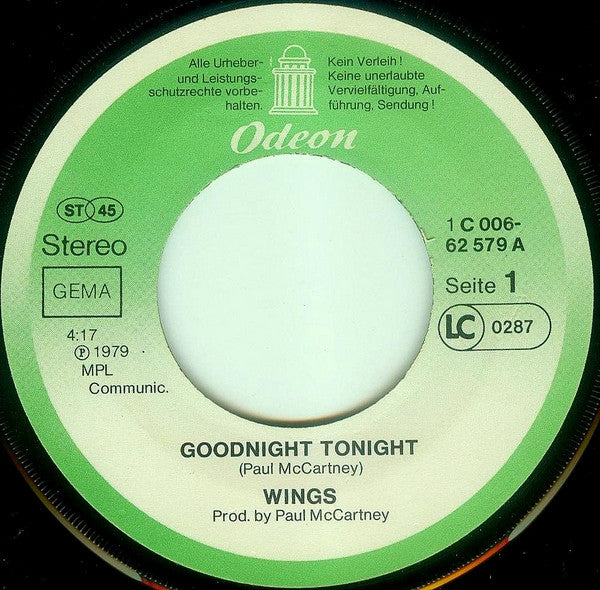 Wings (2) : Goodnight Tonight (7", Single)