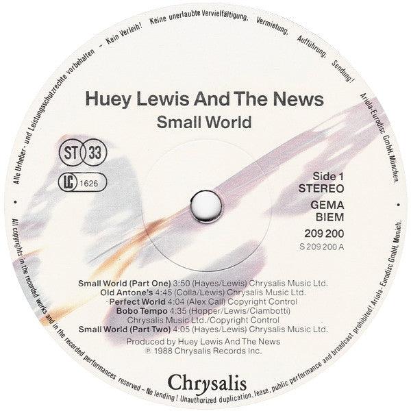 Huey Lewis & The News : Small World (LP, Album)