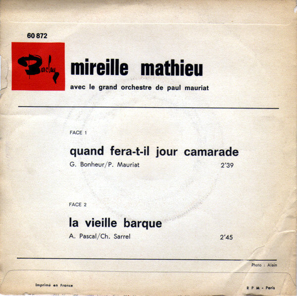 Mireille Mathieu : Quand Fera-T-Il Jour Camarade / La Vieille Barque (7", Single, Ltd, Promo)