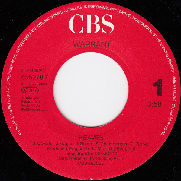 Warrant : Heaven (7", Single)