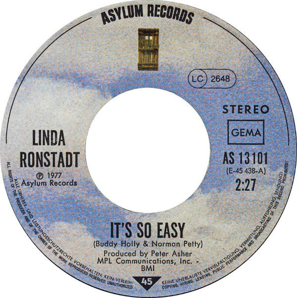 Linda Ronstadt : It's So Easy (7", Single)