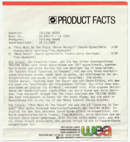 Talking Heads : This Must Be The Place (Naive Melody) (7", Single)