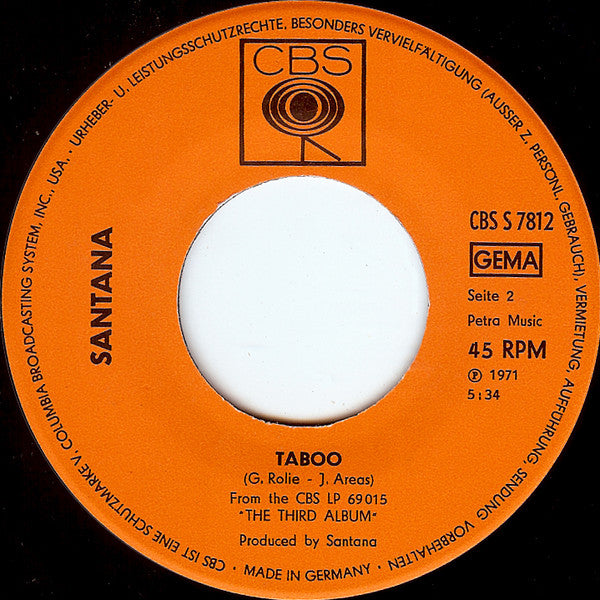 Santana : No One To Depend On / Taboo (7", Single)