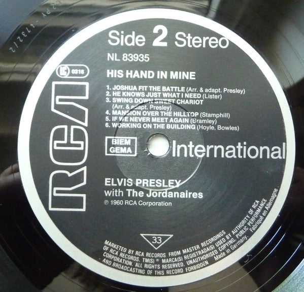 Elvis Presley : His Hand In Mine (LP, Album, RE)