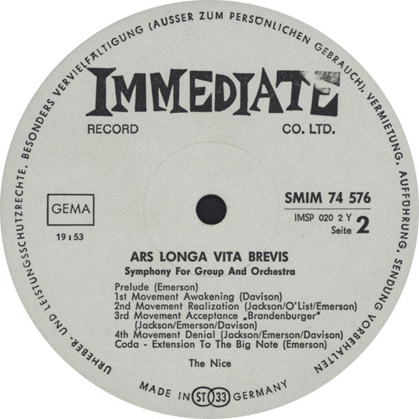 The Nice : Ars Longa Vita Brevis (LP, Album)