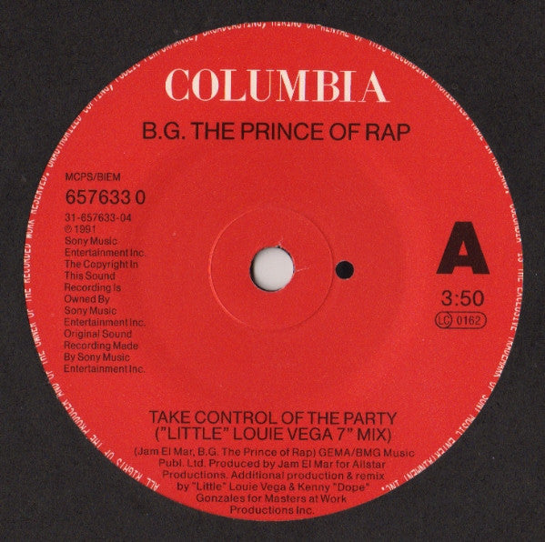 B.G. The Prince Of Rap : Take Control Of The Party (Remixes) (7", Single)