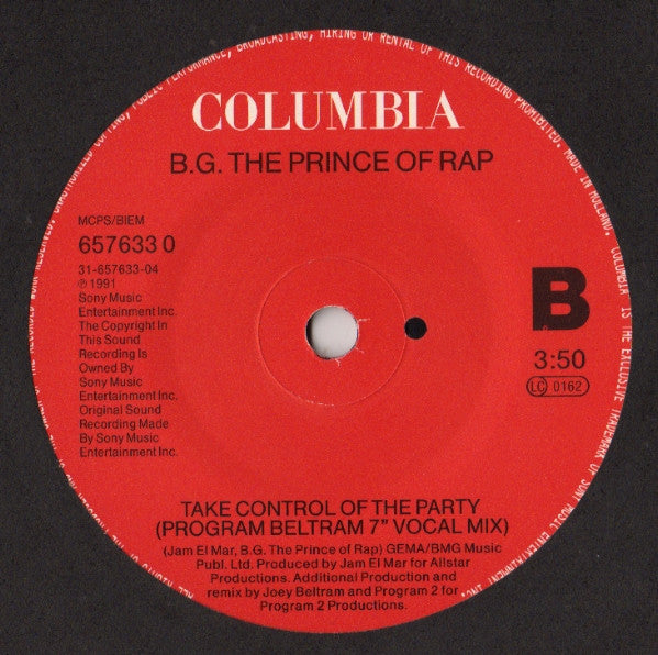 B.G. The Prince Of Rap : Take Control Of The Party (Remixes) (7", Single)