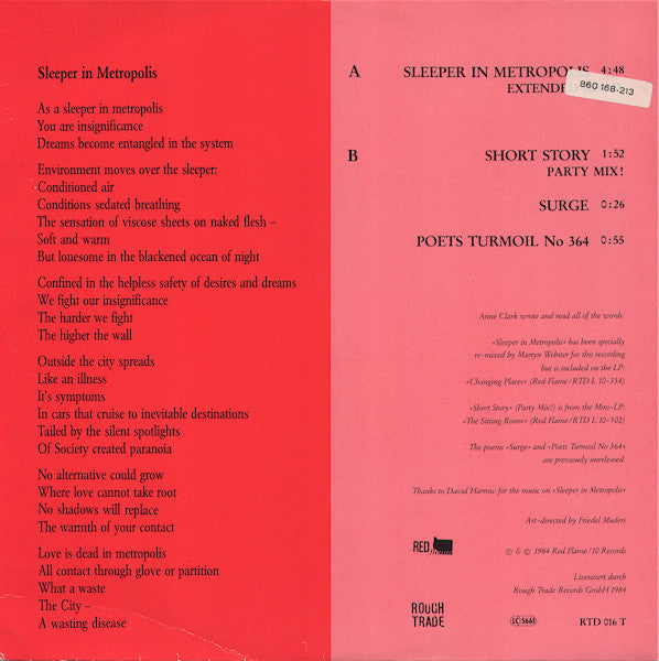 Anne Clark : Sleeper In Metropolis (Extended Remix) (12", Maxi)