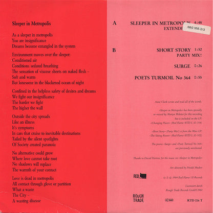 Anne Clark : Sleeper In Metropolis (Extended Remix) (12", Maxi)