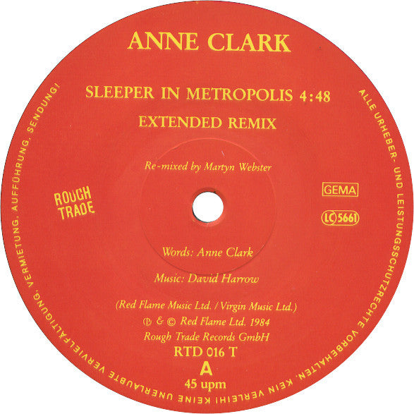 Anne Clark : Sleeper In Metropolis (Extended Remix) (12", Maxi)