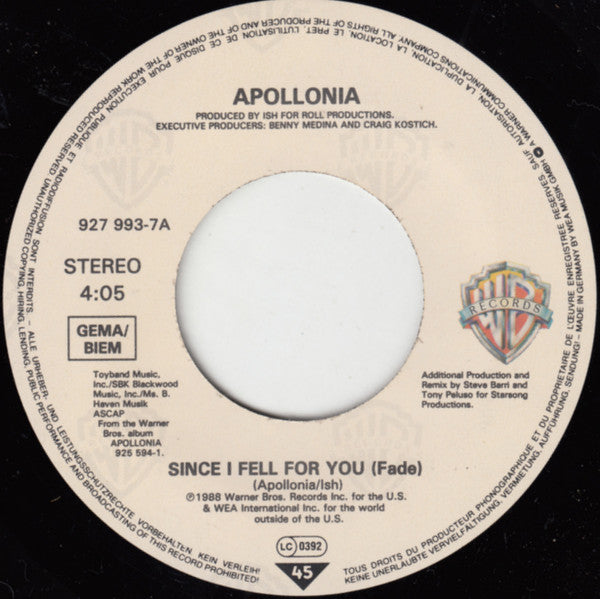 Apollonia : Since I Fell For You (7", Single)