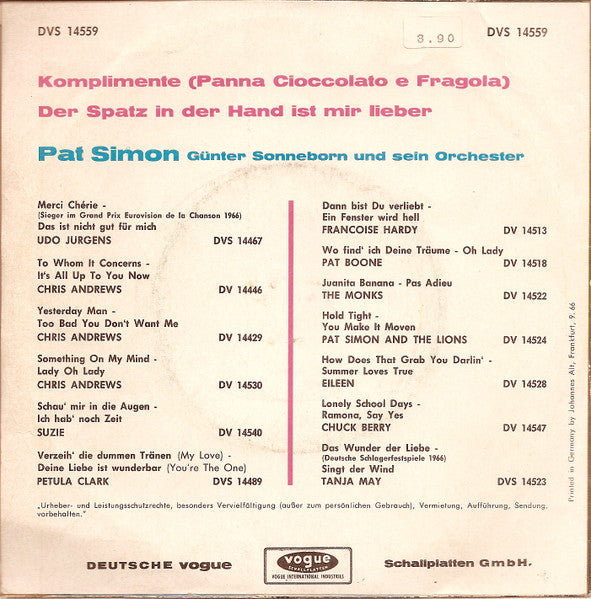 Pat Simon : Komplimente / Der Spatz In Der Hand (7", Single)
