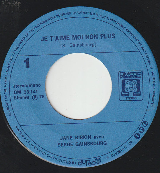 Jane Birkin Avec Serge Gainsbourg : Je T'aime... Moi Non Plus (7", Single, Blu)