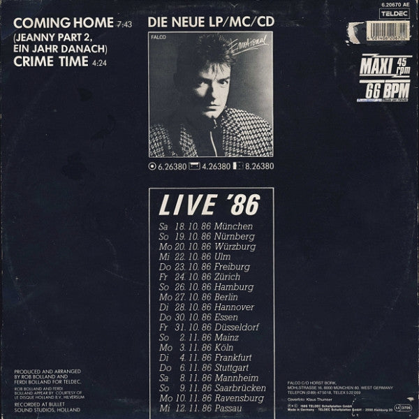 Falco : Coming Home (Jeanny Part 2, Ein Jahr Danach) (12", Maxi)