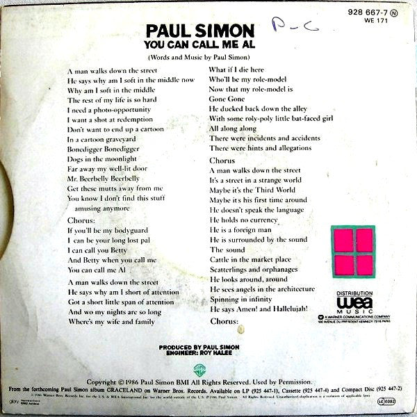 Paul Simon : You Can Call Me Al (7", Single)