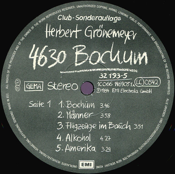 Herbert Grönemeyer : 4630 Bochum (LP, Album, Clu)
