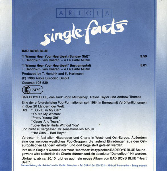 Bad Boys Blue : I Wanna Hear Your Heartbeat ›Sunday Girl‹ (7", Single)