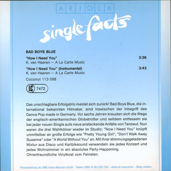 Bad Boys Blue : How I Need You (7", Single)