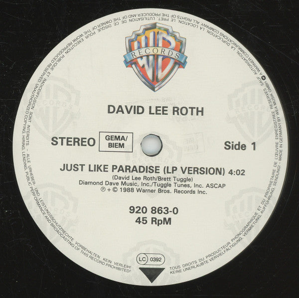 David Lee Roth : Just Like Paradise (12", Single)