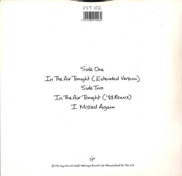 Phil Collins : In The Air Tonight (88' Remix) And (Extended Version) (12", Single)