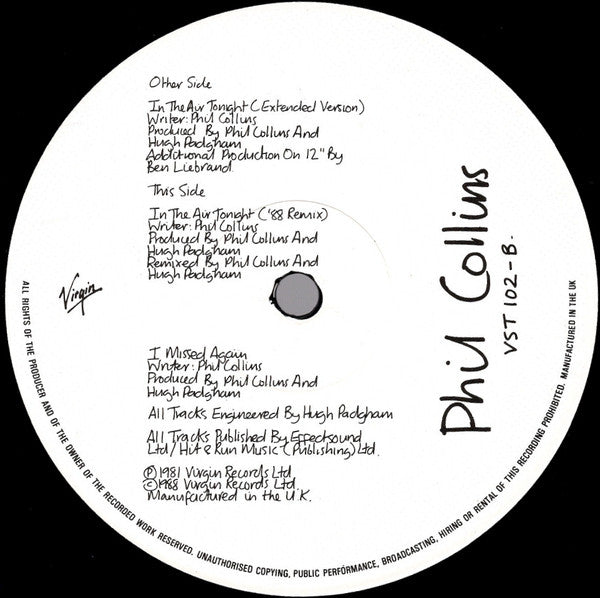 Phil Collins : In The Air Tonight (88' Remix) And (Extended Version) (12", Single)