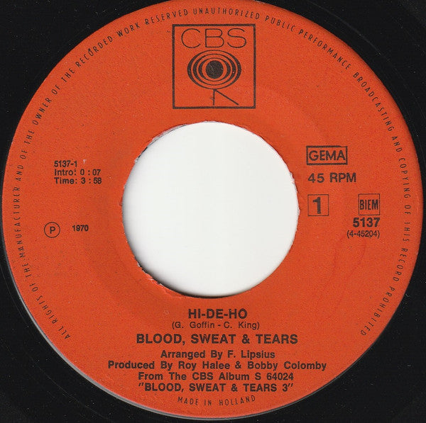 Blood, Sweat And Tears : Hi-De-Ho (7", Single)