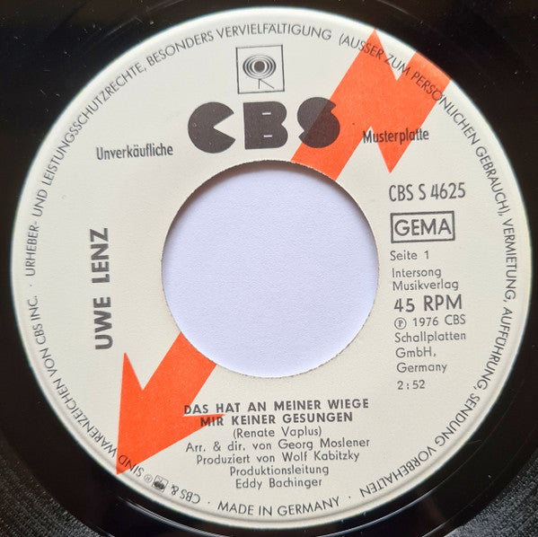 Uwe Lenz : Das Hat An Meiner Wiege Mir Keiner Gesungen (7", Promo)