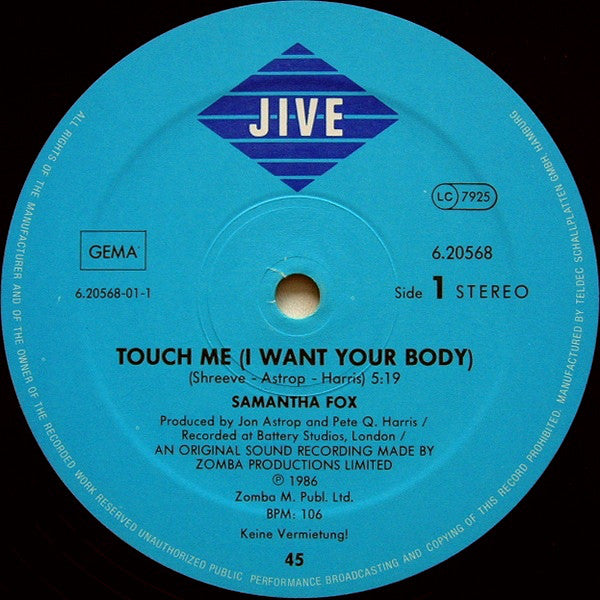 Samantha Fox : Touch Me (I Want Your Body) (12", Maxi)