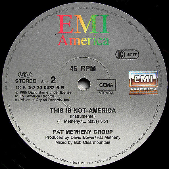 David Bowie / Pat Metheny Group : This Is Not America (Theme From The Motion Picture, The Falcon And The Snowman) (12", Maxi)
