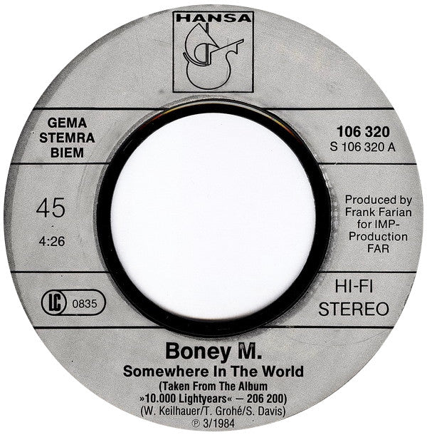 Boney M. : Somewhere In The World / Exodus (Noah's Ark 2001) (7", Single, RP)
