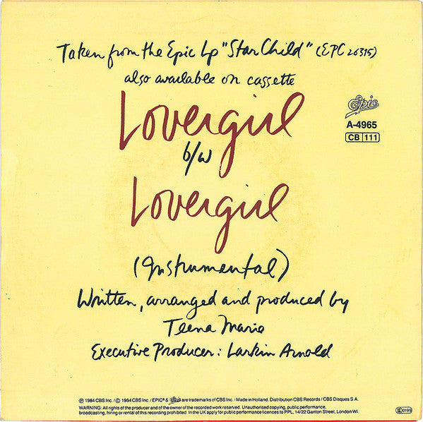 Teena Marie : Lovergirl / Lovergirl (Instrumental) (7", Single)