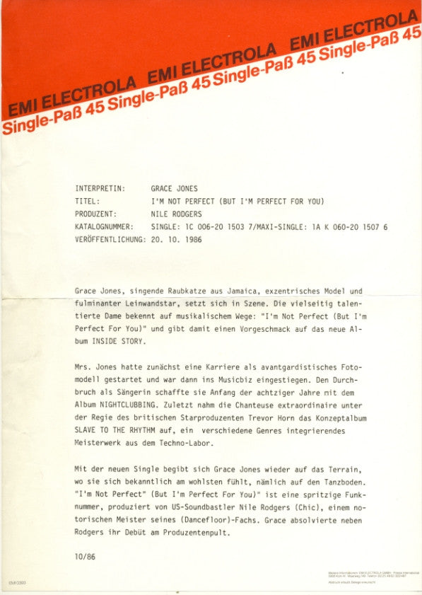Grace Jones : I'm Not Perfect (But I'm Perfect For You) (7", Single)
