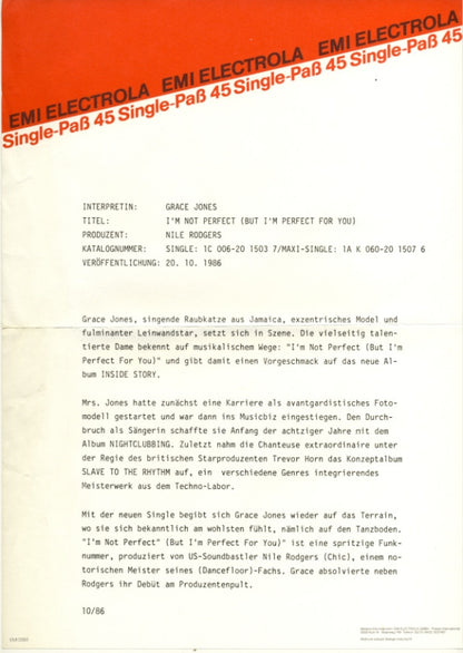 Grace Jones : I'm Not Perfect (But I'm Perfect For You) (7", Single)
