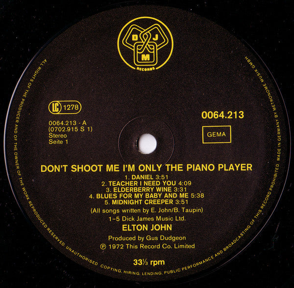 Elton John : Don't Shoot Me I'm Only The Piano Player (LP, Album, RE)
