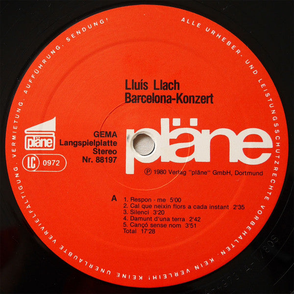 Lluís Llach* : Barcelona Konzert (LP, Album, RE, Gat)