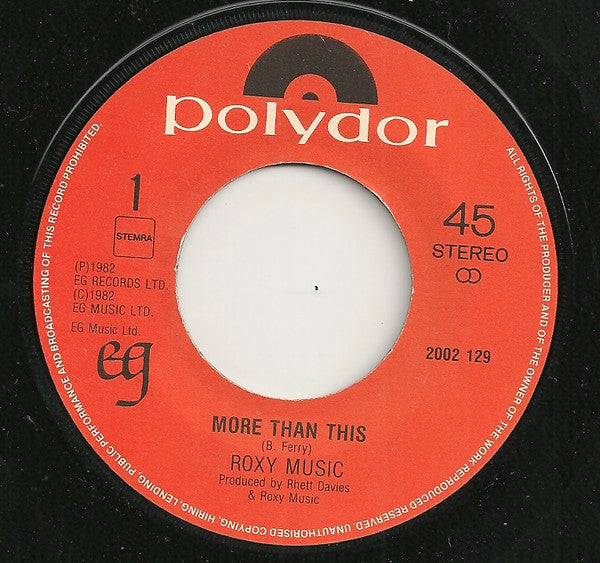 Roxy Music : More Than This (7", Single, Eng)