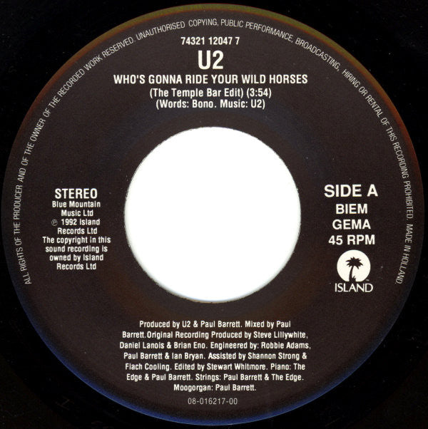 U2 : Who's Gonna Ride Your Wild Horses (7", Single)