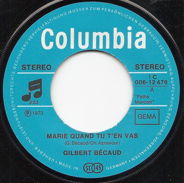 Gilbert Bécaud : Marie Quand Tu T'en Vas / L'Indien (7")