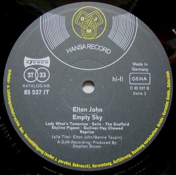 Elton John : Empty Sky (LP, Album, Gat)