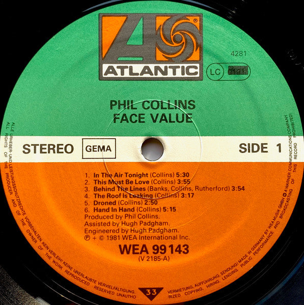 Phil Collins : Face Value (LP, Album, Gat)