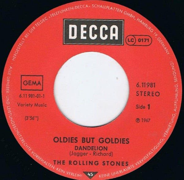 The Rolling Stones : Dandelion / We Love You (7", Single, RE)
